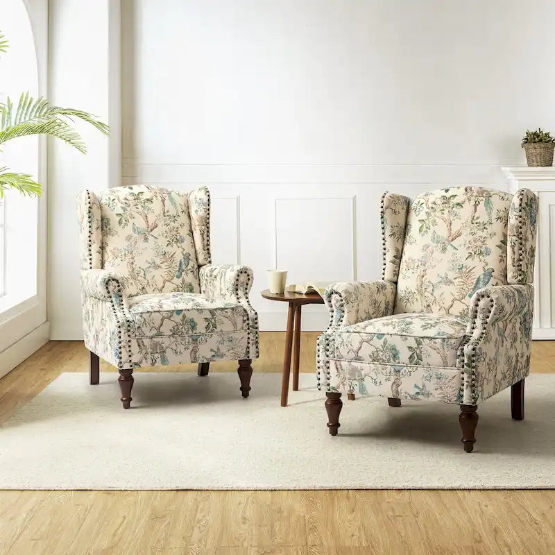 Traditioneller Ohrensessel mit Blumenstoff und Spindelbeinen, 2er-Set