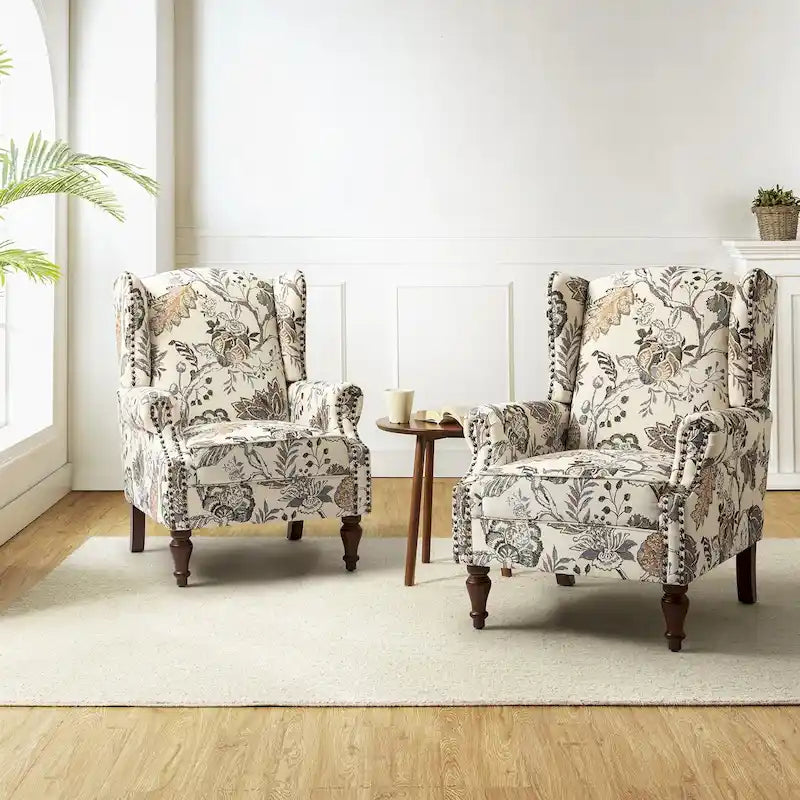 Traditioneller Ohrensessel mit Blumenstoff und Spindelbeinen, 2er-Set
