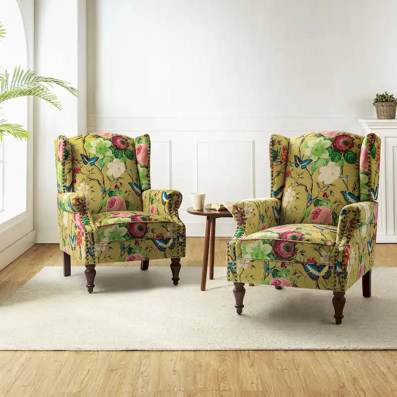 Traditioneller Ohrensessel mit Blumenstoff und Spindelbeinen, 2er-Set
