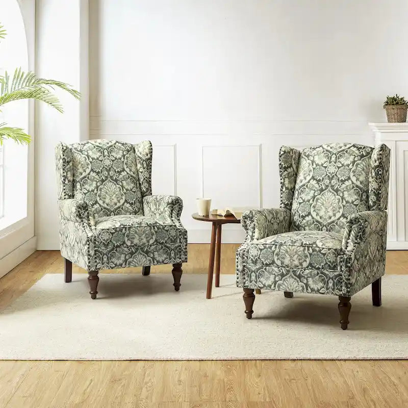 Traditioneller Ohrensessel mit Blumenstoff und Spindelbeinen, 2er-Set