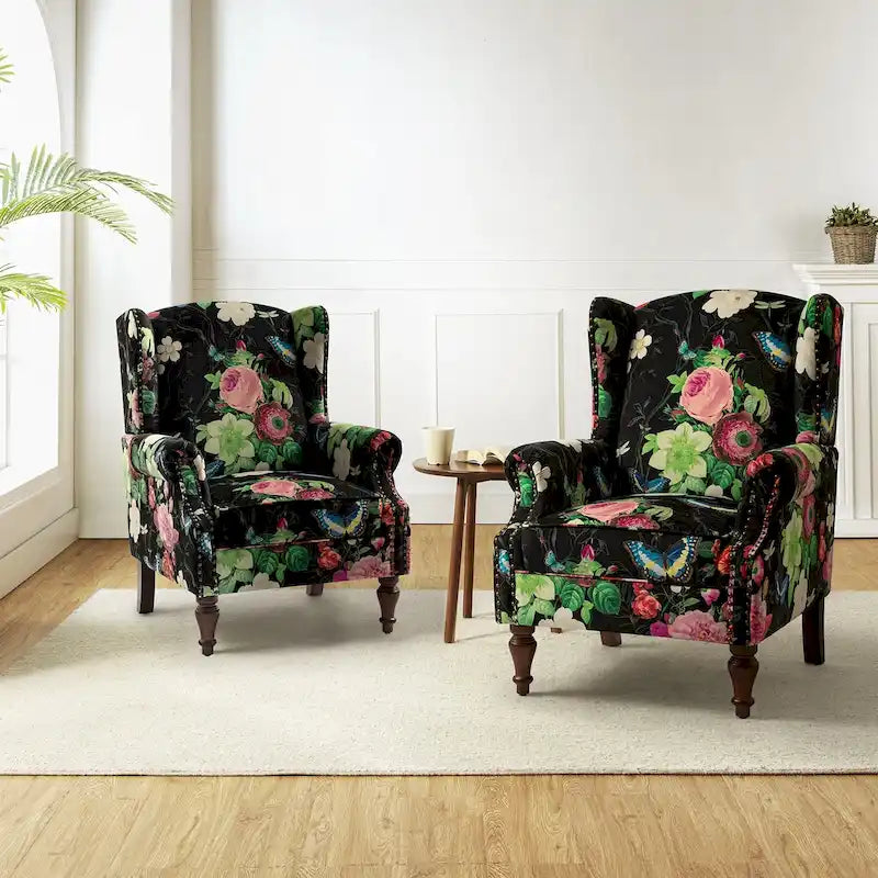 Traditioneller Ohrensessel mit Blumenstoff und Spindelbeinen, 2er-Set