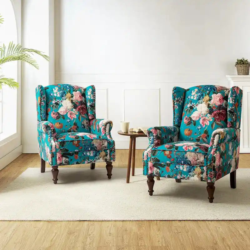 Traditioneller Ohrensessel mit Blumenstoff und Spindelbeinen, 2er-Set