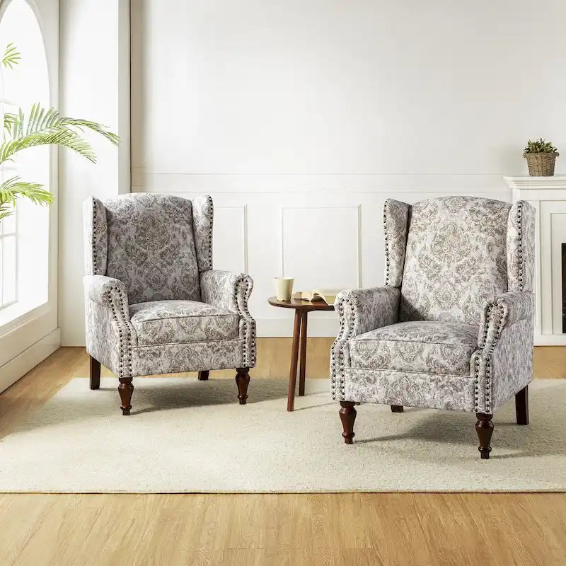 Traditioneller Ohrensessel mit Blumenstoff und Spindelbeinen, 2er-Set