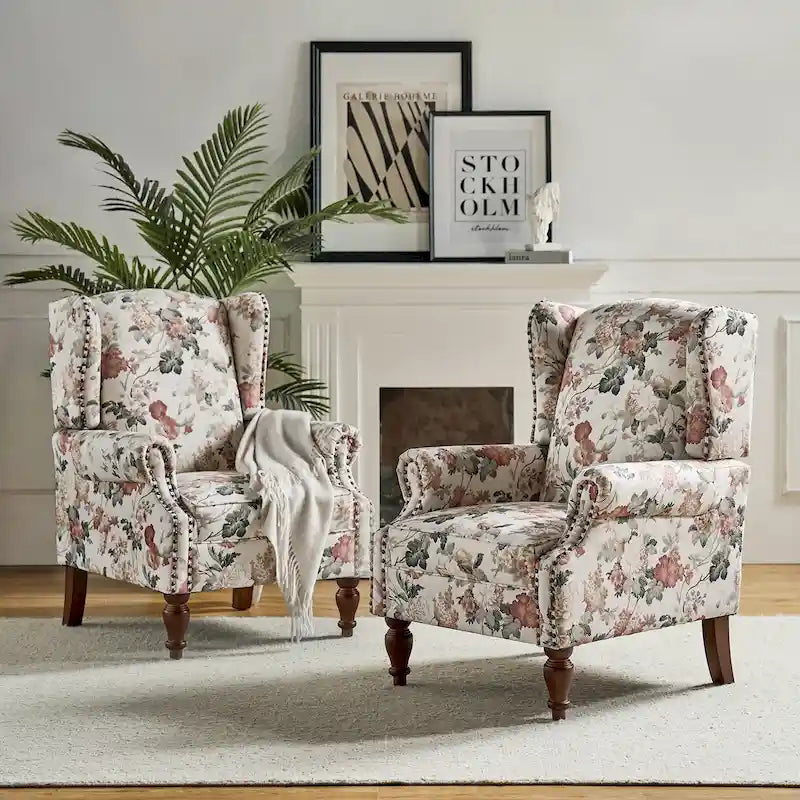 Traditioneller Ohrensessel mit Blumenstoff und Spindelbeinen, 2er-Set