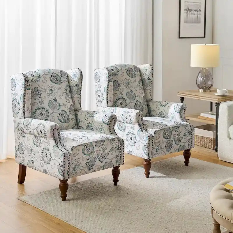 Traditioneller Ohrensessel mit Blumenstoff und Spindelbeinen, 2er-Set