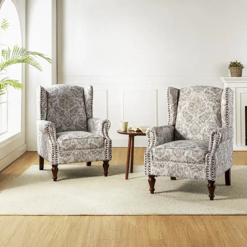 Traditioneller Ohrensessel mit Blumenstoff und Spindelbeinen, 2er-Set