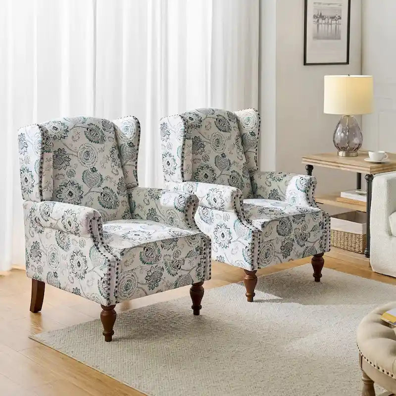 Traditioneller Ohrensessel mit Blumenstoff und Spindelbeinen, 2er-Set