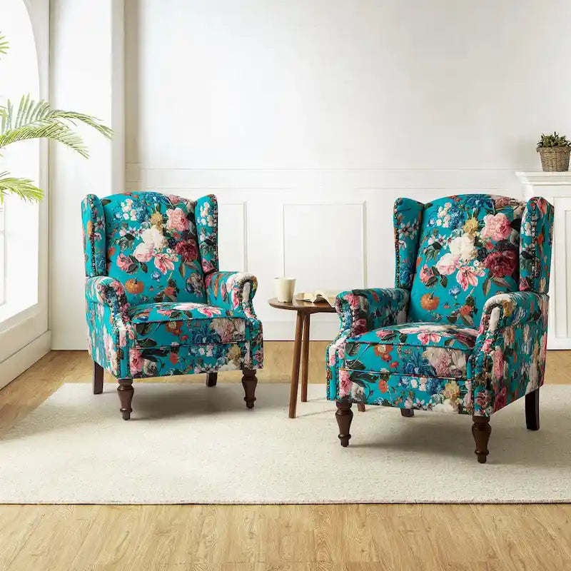 Traditioneller Ohrensessel mit Blumenstoff und Spindelbeinen, 2er-Set