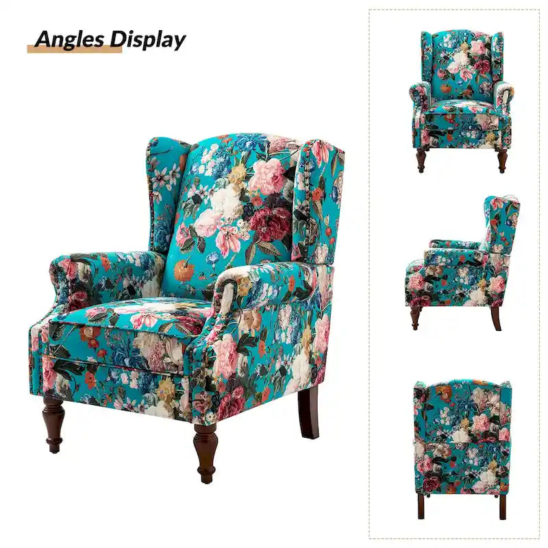 Traditioneller Ohrensessel mit Blumenstoff und Spindelbeinen, 2er-Set