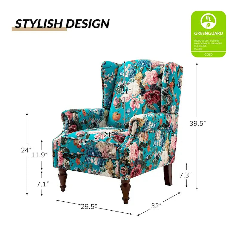 Traditioneller Ohrensessel mit Blumenstoff und Spindelbeinen, 2er-Set