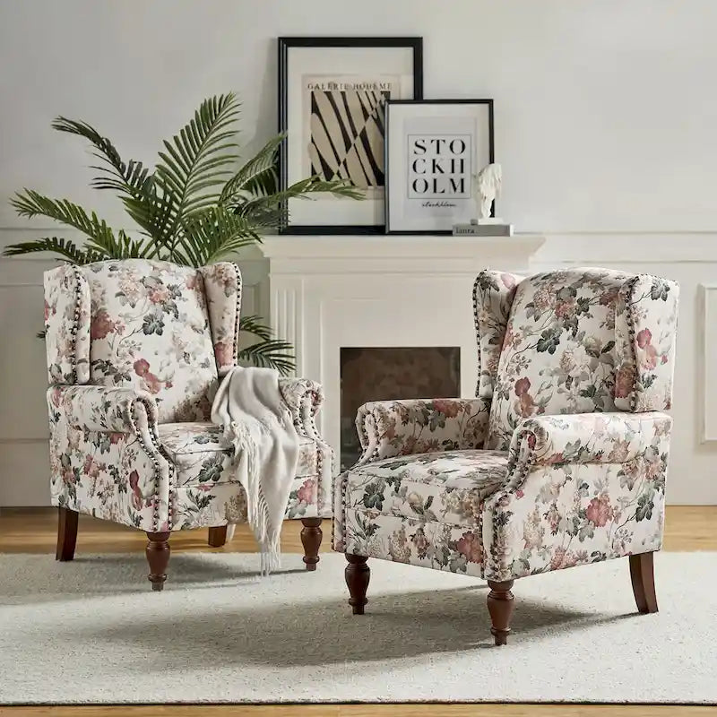 Traditioneller Ohrensessel mit Blumenstoff und Spindelbeinen, 2er-Set