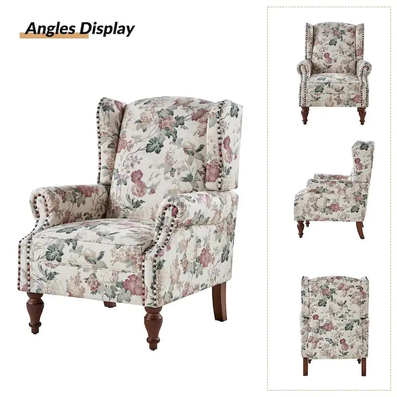 Traditioneller Ohrensessel mit Blumenstoff und Spindelbeinen, 2er-Set