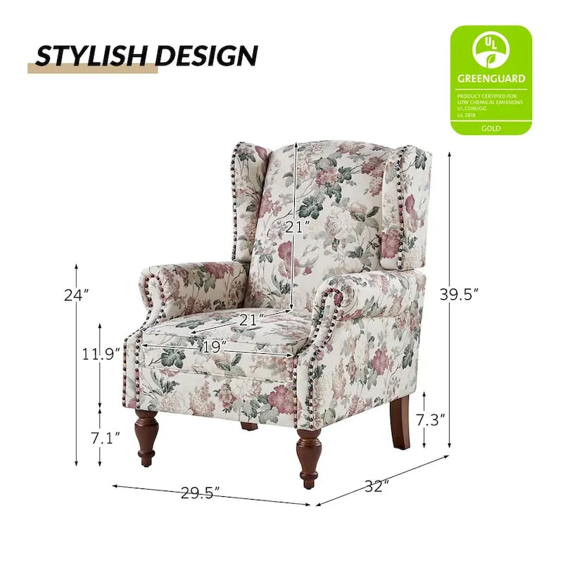 Traditioneller Ohrensessel mit Blumenstoff und Spindelbeinen, 2er-Set
