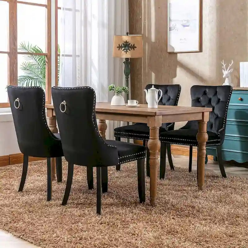 Samtbezogene Esszimmerstühle aus Massivholz im zeitgenössischen Stil, getuftet, mit Nagelkopfbeschlag und Holzbeinen, 2er-Set