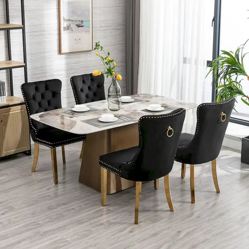 Samtbezogene Esszimmerstühle aus Massivholz im zeitgenössischen Stil, getuftet, mit Nagelkopfbeschlag und Holzbeinen, 2er-Set