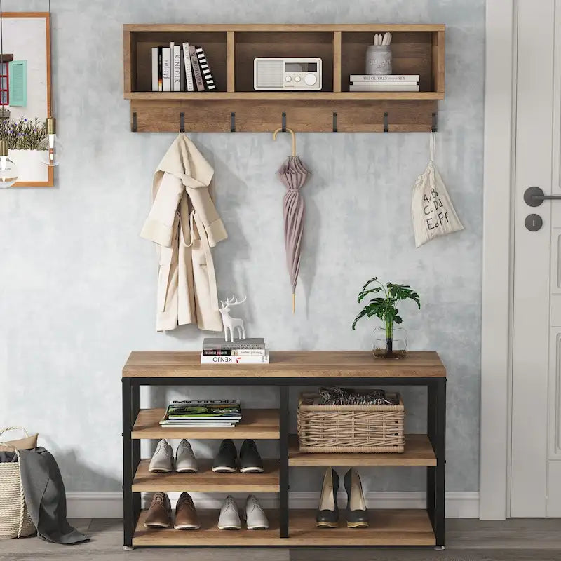 Garderobenständer mit 7 Haken, Flurbank mit Garderobe