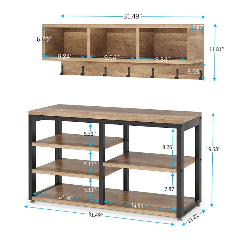 Garderobenständer mit 7 Haken, Flurbank mit Garderobe