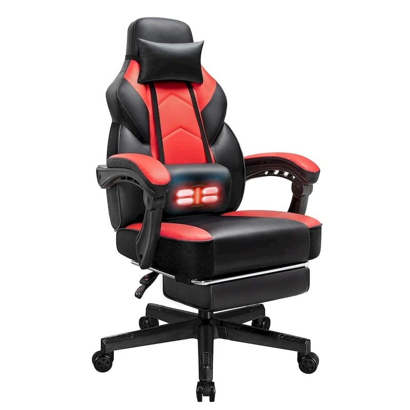 Ergonomischer Gaming-Stuhl PU-Leder mit Kopfstütze, Fußstütze und Massage-Lordosenstütze