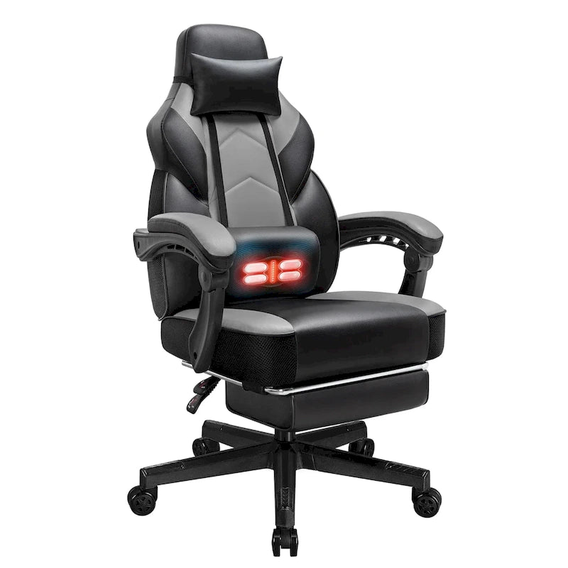 Ergonomischer Gaming-Stuhl PU-Leder mit Kopfstütze, Fußstütze und Massage-Lordosenstütze