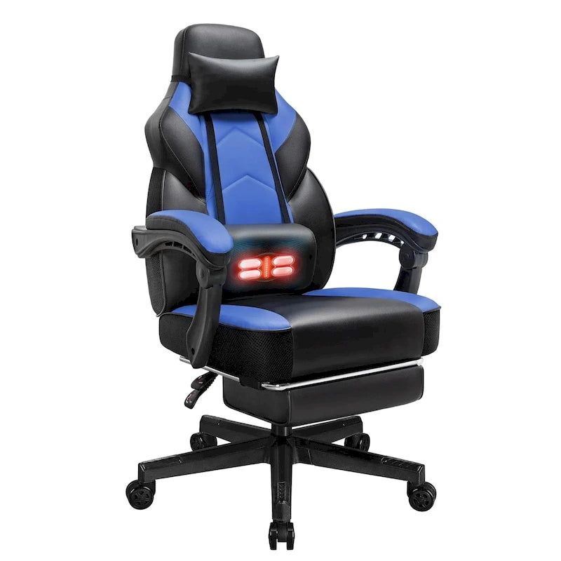 Ergonomischer Gaming-Stuhl PU-Leder mit Kopfstütze, Fußstütze und Massage-Lordosenstütze