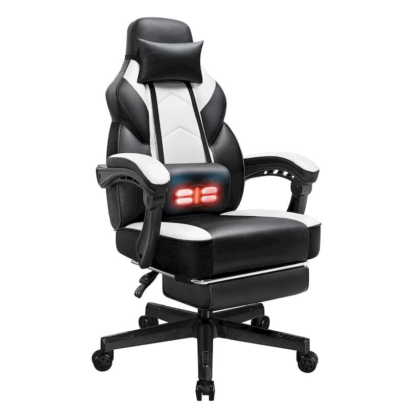Ergonomischer Gaming-Stuhl PU-Leder mit Kopfstütze, Fußstütze und Massage-Lordosenstütze
