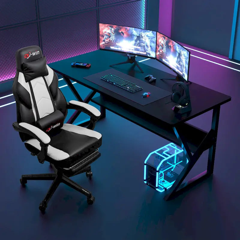 Ergonomischer Gaming-Stuhl PU-Leder mit Kopfstütze, Fußstütze und Massage-Lordosenstütze