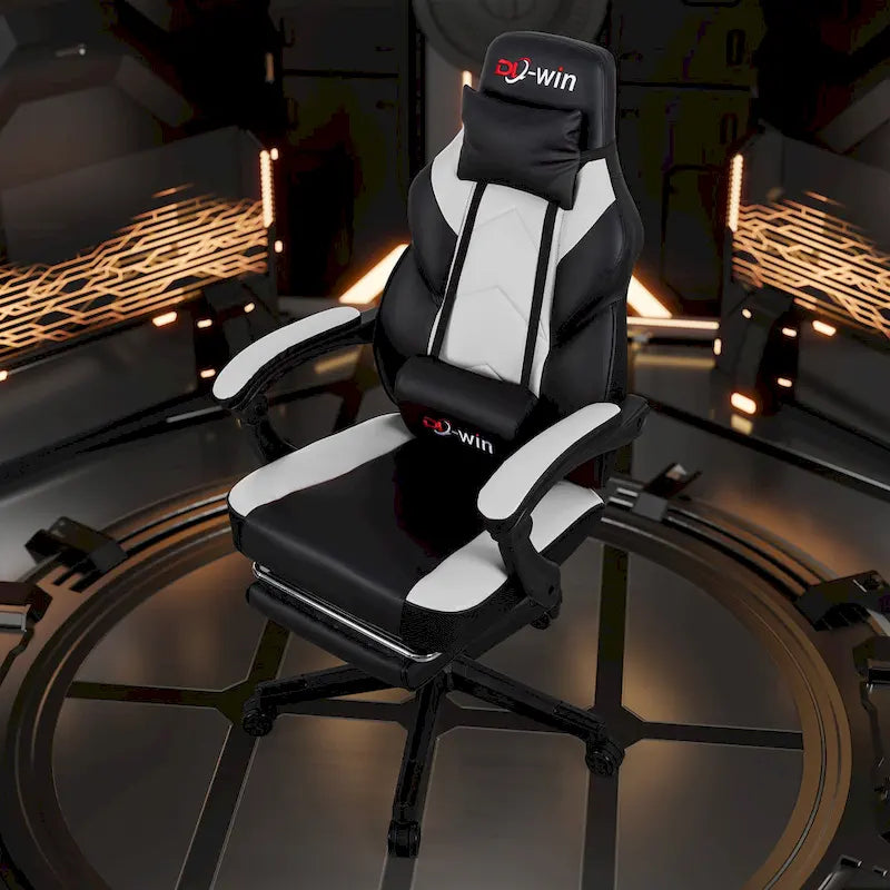 Ergonomischer Gaming-Stuhl PU-Leder mit Kopfstütze, Fußstütze und Massage-Lordosenstütze