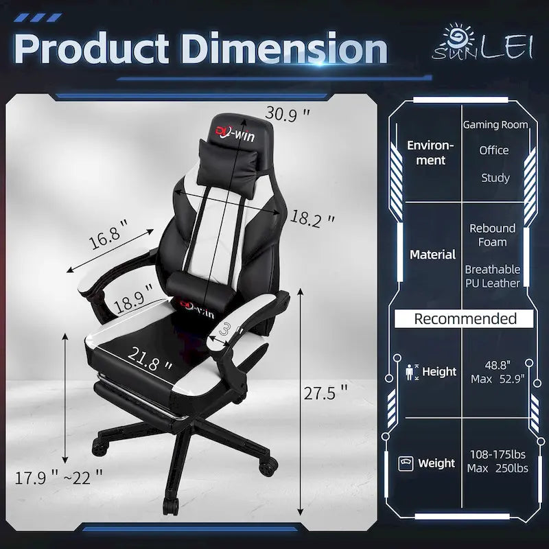Ergonomischer Gaming-Stuhl PU-Leder mit Kopfstütze, Fußstütze und Massage-Lordosenstütze