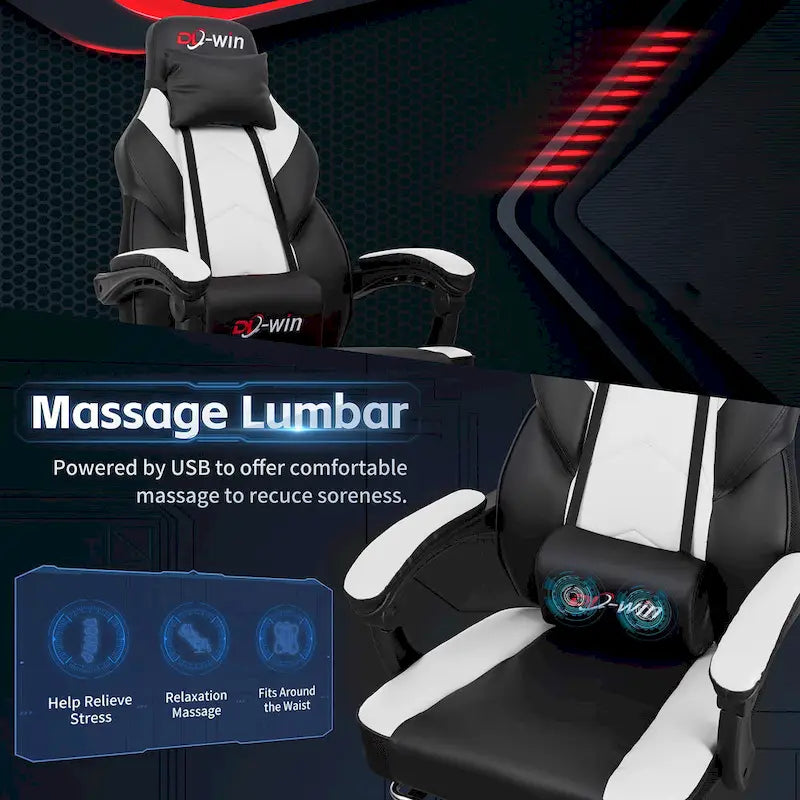 Ergonomischer Gaming-Stuhl PU-Leder mit Kopfstütze, Fußstütze und Massage-Lordosenstütze