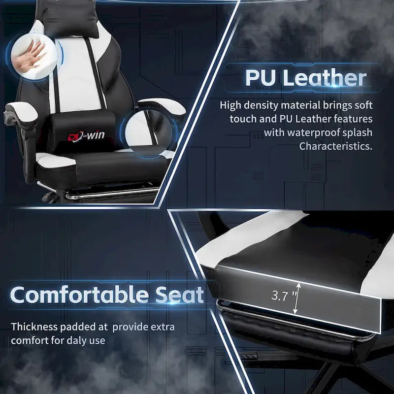 Ergonomischer Gaming-Stuhl PU-Leder mit Kopfstütze, Fußstütze und Massage-Lordosenstütze