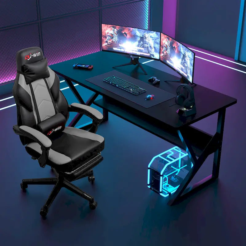 Ergonomischer Gaming-Stuhl PU-Leder mit Kopfstütze, Fußstütze und Massage-Lordosenstütze