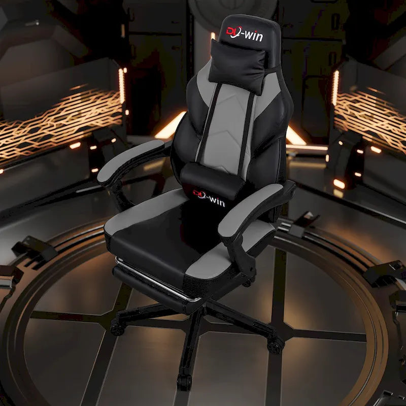 Ergonomischer Gaming-Stuhl PU-Leder mit Kopfstütze, Fußstütze und Massage-Lordosenstütze