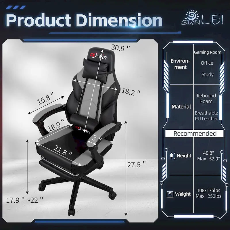 Ergonomischer Gaming-Stuhl PU-Leder mit Kopfstütze, Fußstütze und Massage-Lordosenstütze