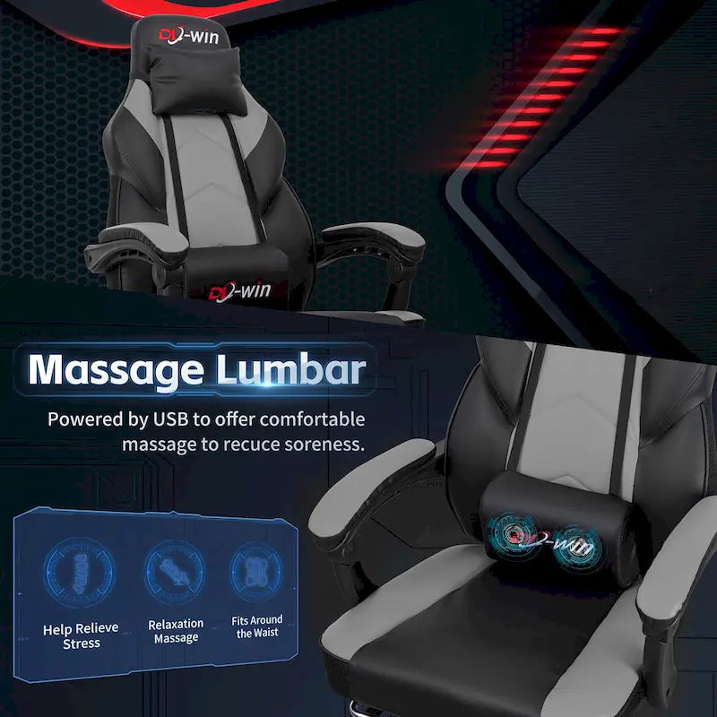Ergonomischer Gaming-Stuhl PU-Leder mit Kopfstütze, Fußstütze und Massage-Lordosenstütze