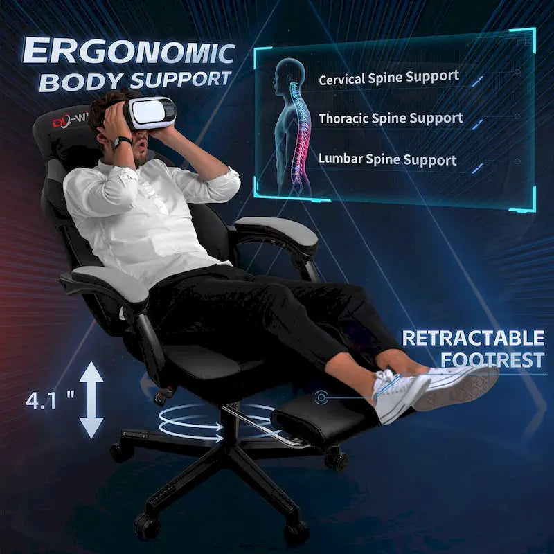 Ergonomischer Gaming-Stuhl PU-Leder mit Kopfstütze, Fußstütze und Massage-Lordosenstütze