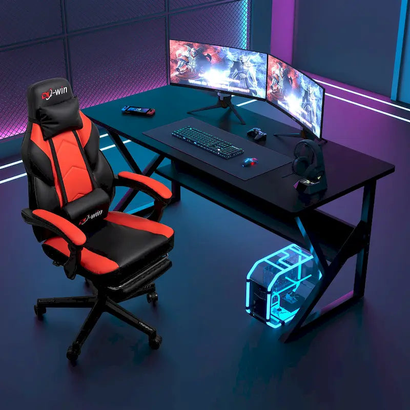 Ergonomischer Gaming-Stuhl PU-Leder mit Kopfstütze, Fußstütze und Massage-Lordosenstütze