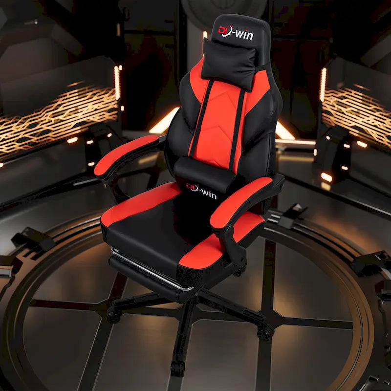 Ergonomischer Gaming-Stuhl PU-Leder mit Kopfstütze, Fußstütze und Massage-Lordosenstütze