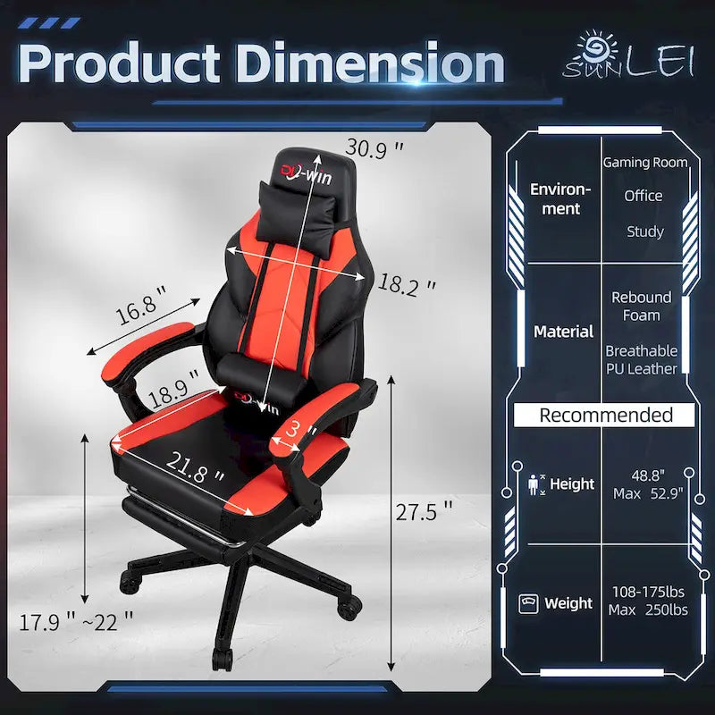 Ergonomischer Gaming-Stuhl PU-Leder mit Kopfstütze, Fußstütze und Massage-Lordosenstütze