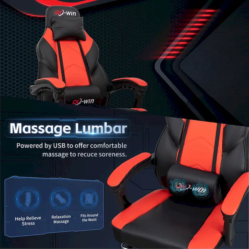 Ergonomischer Gaming-Stuhl PU-Leder mit Kopfstütze, Fußstütze und Massage-Lordosenstütze