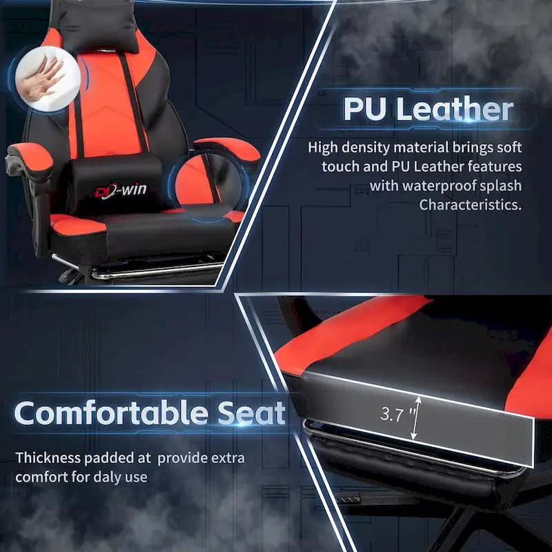 Ergonomischer Gaming-Stuhl PU-Leder mit Kopfstütze, Fußstütze und Massage-Lordosenstütze