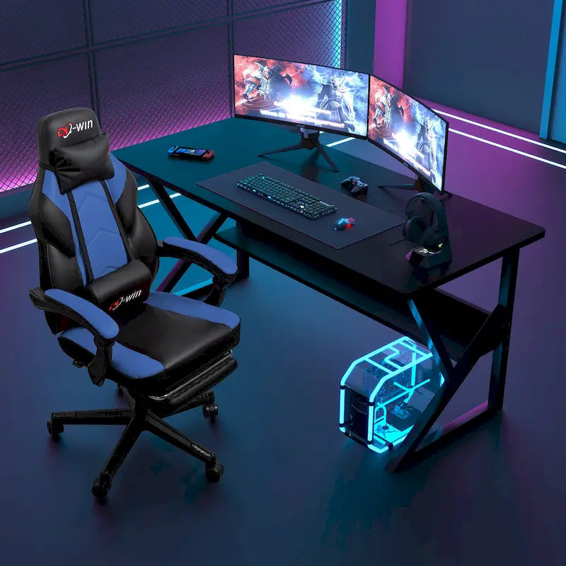 Ergonomischer Gaming-Stuhl PU-Leder mit Kopfstütze, Fußstütze und Massage-Lordosenstütze