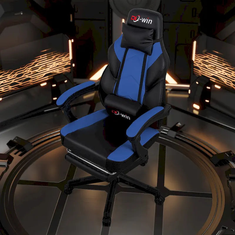 Ergonomischer Gaming-Stuhl PU-Leder mit Kopfstütze, Fußstütze und Massage-Lordosenstütze