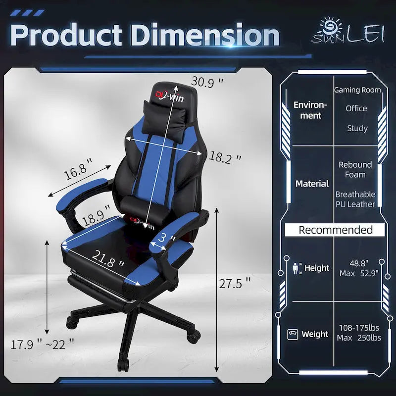 Ergonomischer Gaming-Stuhl PU-Leder mit Kopfstütze, Fußstütze und Massage-Lordosenstütze