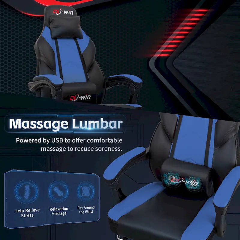 Ergonomischer Gaming-Stuhl PU-Leder mit Kopfstütze, Fußstütze und Massage-Lordosenstütze
