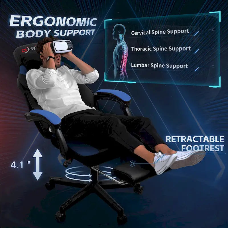Ergonomischer Gaming-Stuhl PU-Leder mit Kopfstütze, Fußstütze und Massage-Lordosenstütze