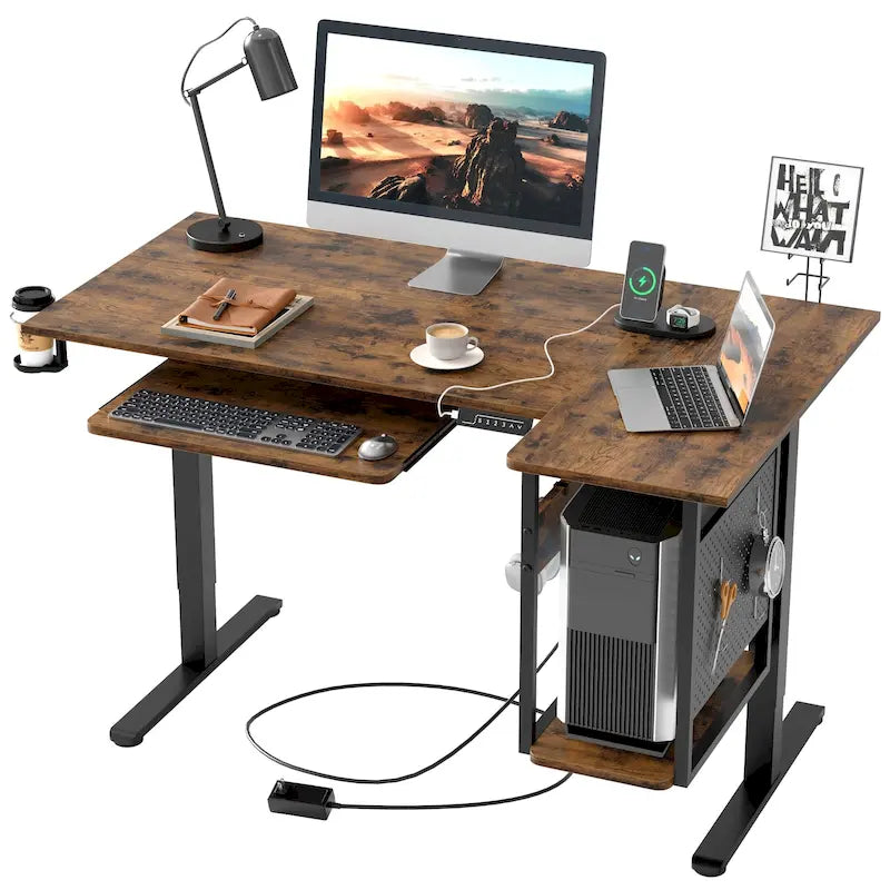 Elektrischer Stehschreibtisch, 145 cm, höhenverstellbar, L-förmiger Schreibtisch mit Tastaturauszug und Rechnerablage