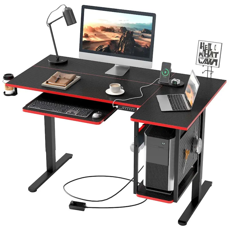 Elektrischer Stehschreibtisch, 145 cm, höhenverstellbar, L-förmiger Schreibtisch mit Tastaturauszug und Rechnerablage
