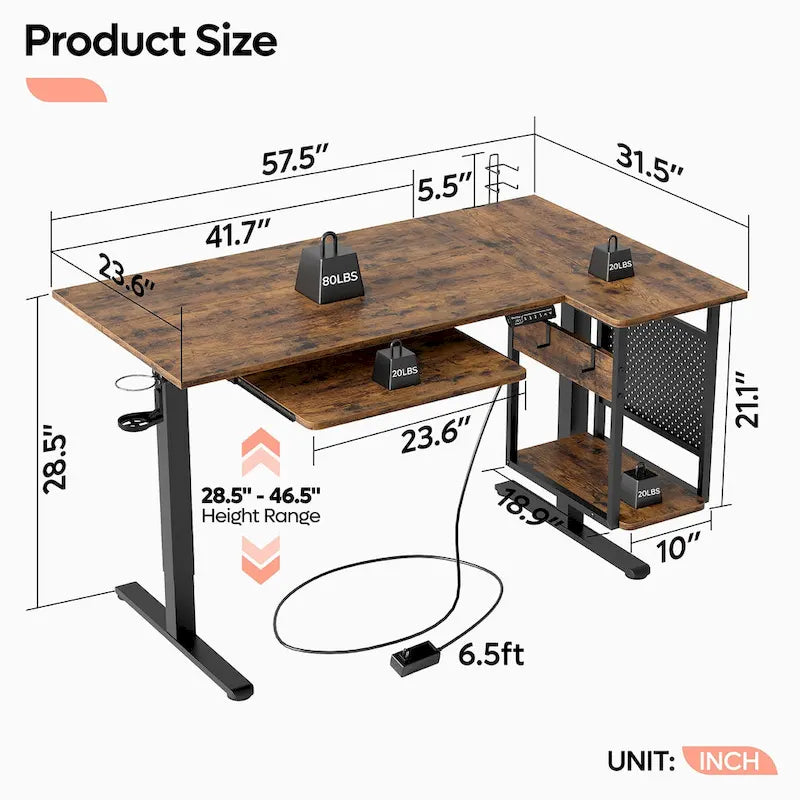 Elektrischer Stehschreibtisch, 145 cm, höhenverstellbar, L-förmiger Schreibtisch mit Tastaturauszug und Rechnerablage