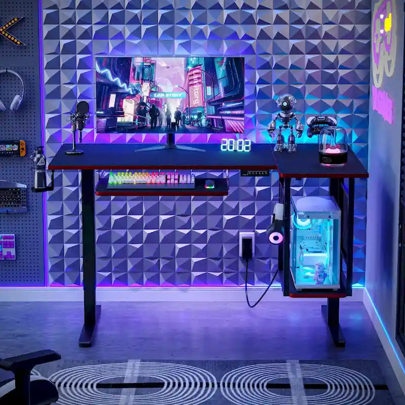 Elektrischer Stehschreibtisch, 145 cm, höhenverstellbar, L-förmiger Schreibtisch mit Tastaturauszug und Rechnerablage