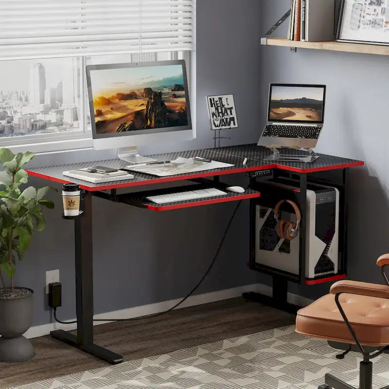 Elektrischer Stehschreibtisch, 145 cm, höhenverstellbar, L-förmiger Schreibtisch mit Tastaturauszug und Rechnerablage